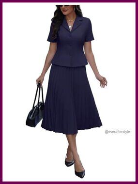 2 Piece Blazer & Pleated Maxi Skirt Suit Set Short Sleeve Office Church
